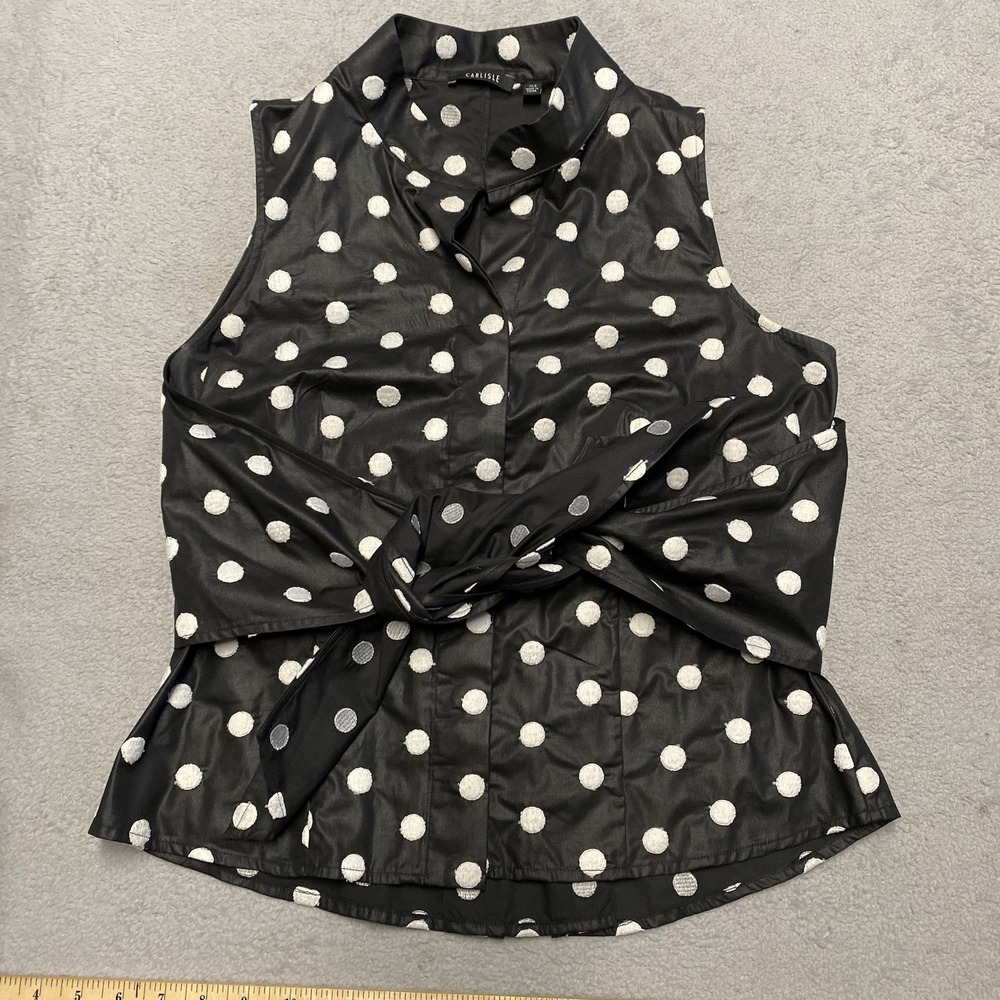 Carlisle Top Womens 6 Black White Polka‎ Dot Sleeveless Tie Front Modern Career